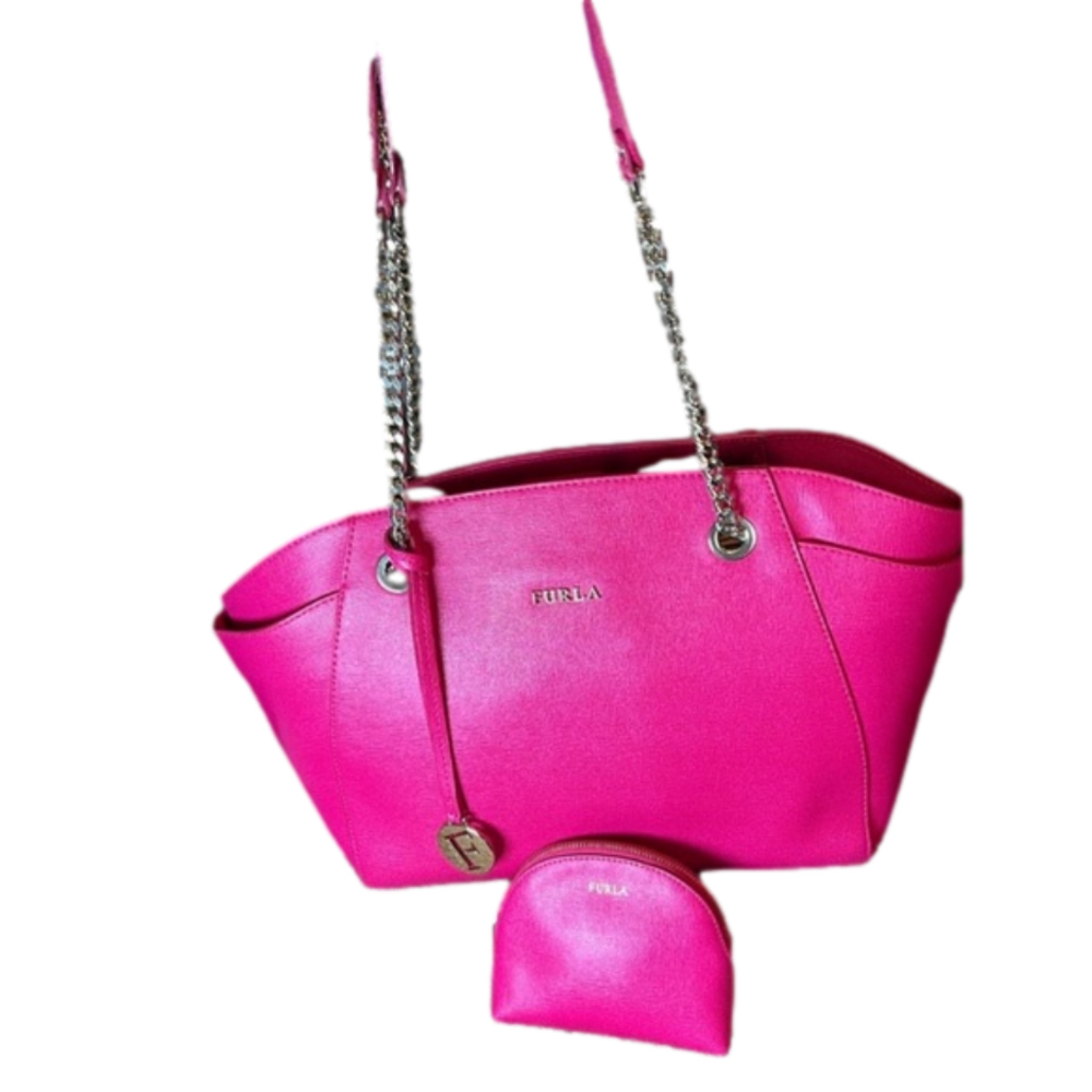 Furla Julia Tote Shoulder Bag with Matching Zip Pouch in Barbie Pink Leather EUC - Picture 2 of 16